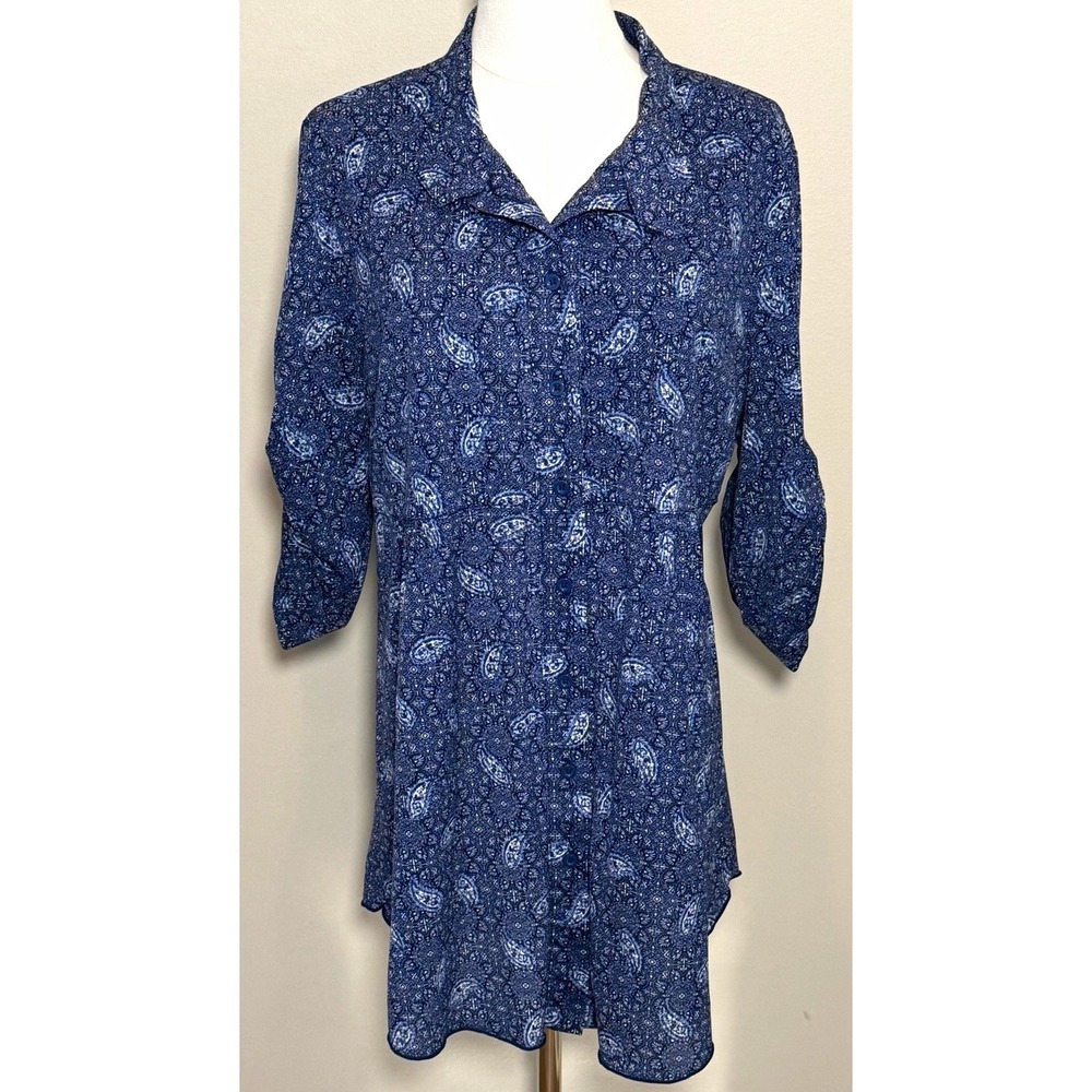 Style & Co Blue/White Paisley Collared Button Front 3/4 Sleeve Tunic Blouse L